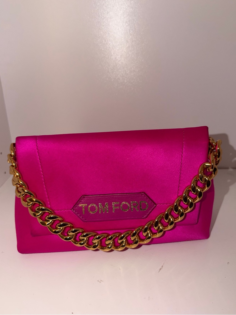 Tom Ford Hot Pink Satin Shoulder Bag with Gold Chain Strap
